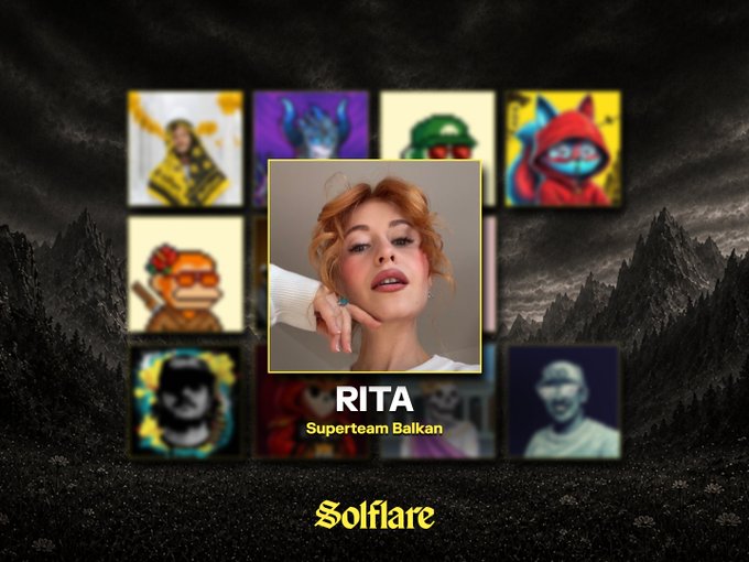 A promotional graphic features a central photo of a young woman labeled "RITA - Superteam Balkan" surrounded by a grid of eight stylized digital art portraits, set against a dark mountain landscape with the "Solflare" branding at the bottom. The layout appears to celebrate a collection of Web3 digital artists, aligning with the post's appreciation of Solflare's support in bringing creators together.