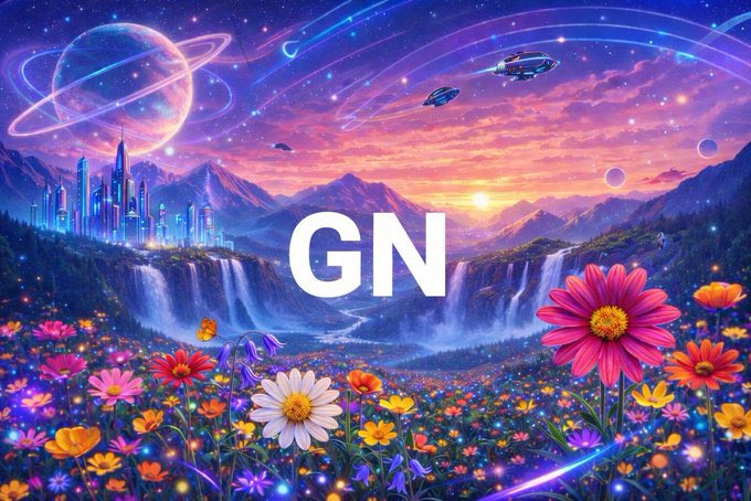 A vibrant fantasy landscape with a futuristic city, waterfalls, mountains, spaceships, and colorful flowers, with the white letters 'GN' displayed in the center.
