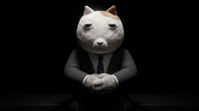 A surreal figure with a realistic cat head and a humanoid body dressed in a dark business suit with a blue striped tie, sitting with hands clasped against a black background.