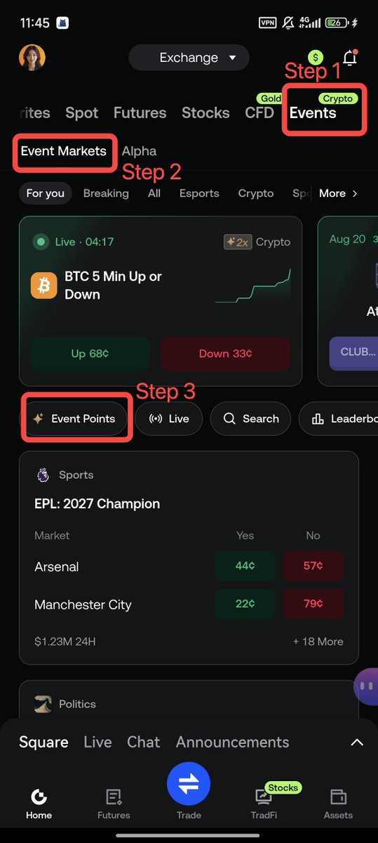 A mobile app screenshot showing a trading platform interface with steps highlighted: 'Step 1: Events', 'Step 2: Event Markets', and 'Step 3: Event Points', featuring a live BTC 5 Min prediction market and EPL 2027 Champion sports betting odds.