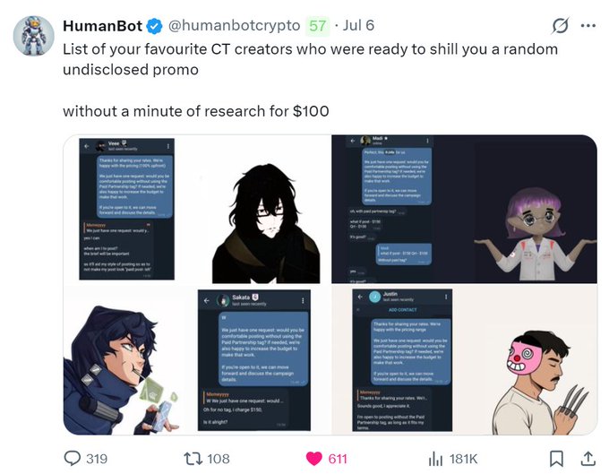 A tweet by HumanBot (@humanbotcrypto) showing messages from CT creators offering undisclosed promo shilling for $100, with 181K views.