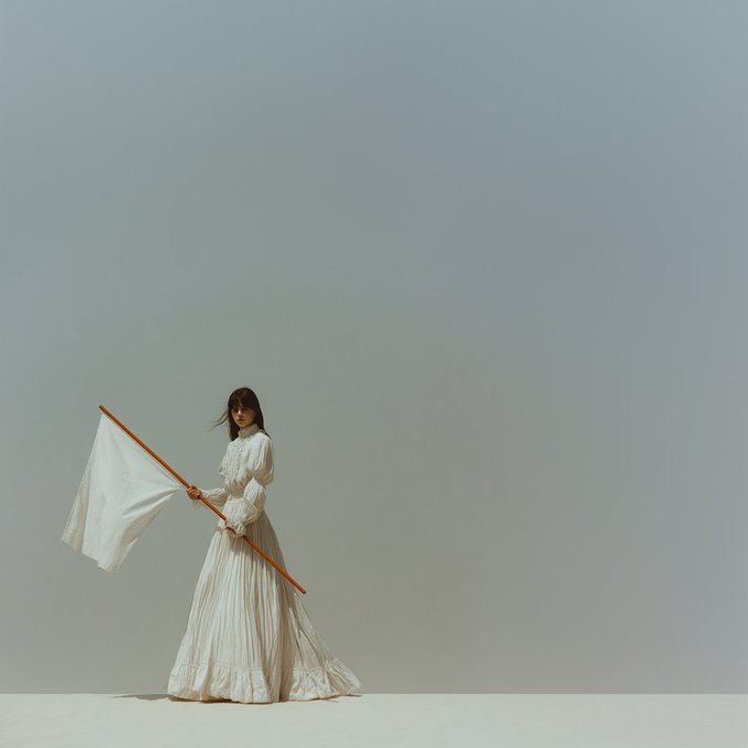 A photograph shows a woman in a flowing white Victorian-style dress holding a white flag on a wooden pole against a soft, pale blue-grey studio background.