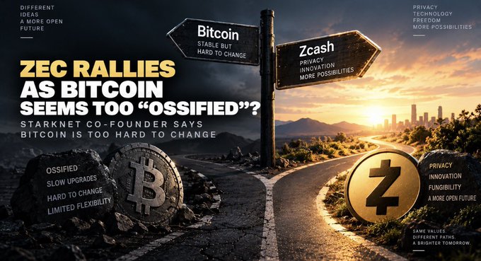 A cryptocurrency comparison graphic titled 'ZEC RALLIES AS BITCOIN SEEMS TOO "OSSIFIED"?' featuring directional signs for Bitcoin and Zcash, with text highlighting privacy, innovation, and Bitcoin being 'stable but hard to change'.