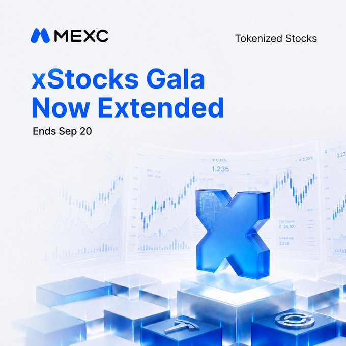 A promotional MEXC advertisement announces the extension of their "xStocks Gala" event through September 20, featuring a bold blue 3D "X" graphic alongside stylized stock chart visualizations, reinforcing the campaign's $1M rewards and $5,000 NVDAx giveaway mentioned in the accompanying post about tokenized assets.