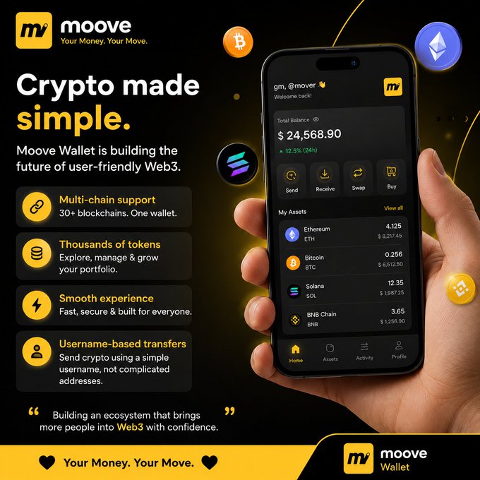 The image features a person holding up their phone displaying an app called @moovexz Wallet, which is focused on improving the user experience with multiple cryptocurrencies. The app supports over 30 different blockchains, providing users with access to thousands of tokens for trading and investing in various digital assets. This post highlights the importance of focusing on enhancing the user experience when developing crypto products or services, as it can lead to increased adoption and success in a competitive market filled with new projects every day.