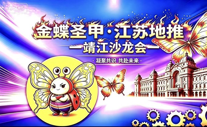 A colorful promotional banner in Chinese for '金蝉圣甲·江苏地推——靖江沙龙会' (Golden Cicada Holy Armor · Jiangsu Ground Promotion - Jingjiang Salon), featuring a cartoon ladybug character and a building illustration.