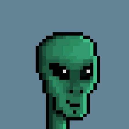 Pixel art rendering of a green-skinned alien or zombie-like head with dark, hollow eyes against a solid blue-gray background.