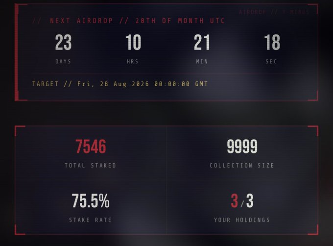 The image shows a countdown to an airdrop on August 28, 2026, with 75.5% of the 9999 collection staked. This aligns with the post's mention of the $PATRIOTS collection, staking, and upcoming events.
