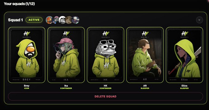 A gaming squad interface titled 'Your squads (1/12)' showing 'Squad 1' as ACTIVE, with five character cards including Brey (TOON), ika (CONTENDER), HK (CONTENDER), AR (SLEEPER), and Eliza (SLEEPER).