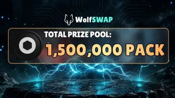 A promotional banner for 'WolfSWAP' displaying a 'TOTAL PRIZE POOL: 1,500,000 PACK' against a dark, stormy background with lightning effects.