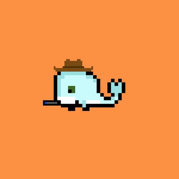 A pixel art sprite of a small, light blue creature wearing a brown hat and having a curled tail, set against an orange background.