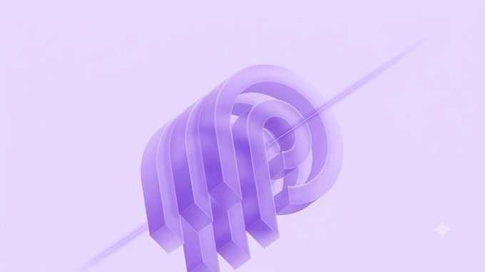 A purple 3D abstract design featuring looping, ribbon-like geometric shapes resembling a stylized logo against a soft gradient background.