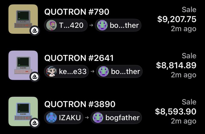 A dark-themed interface displaying recent NFT sales for 'QUOTRON' items, including QUOTRON #790 for $9,207.75, QUOTRON #2641 for $8,814.89, and QUOTRON #3890 for $8,593.90, all sold 2m ago.