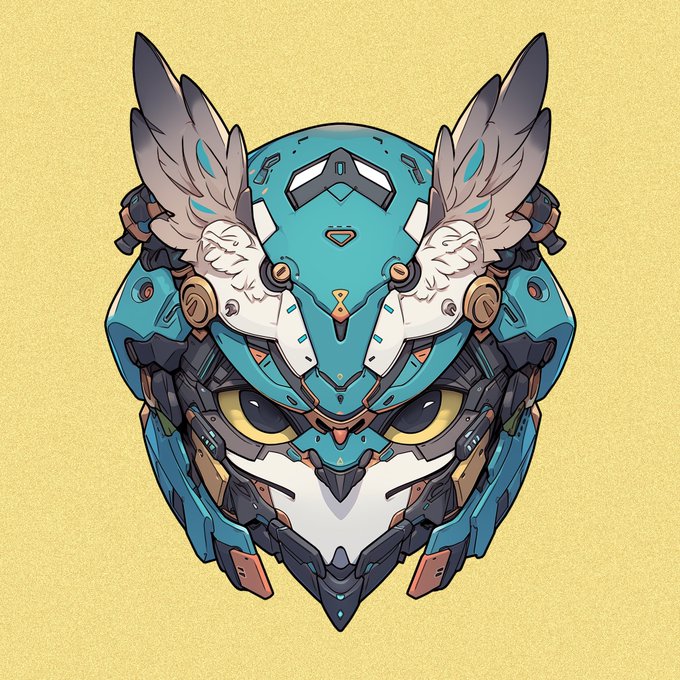 A stylized illustration of a teal robotic helmet featuring two white birds with feathered wings perched on top, set against a yellow background.