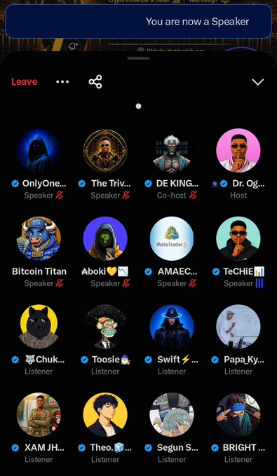A mobile screenshot of a Twitter/X Spaces audio room with the prompt "You are now a Speaker" at the top, displaying various speakers, co-hosts, and listeners with crypto-themed profile pictures and usernames.