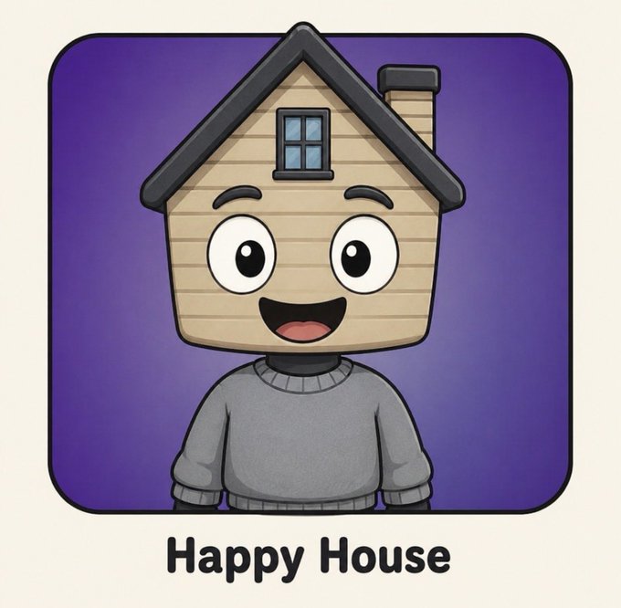 A cartoon character with a house for a head, featuring eyes, eyebrows, and a smiling mouth, wearing a gray sweater, with the text 'Happy House' below.