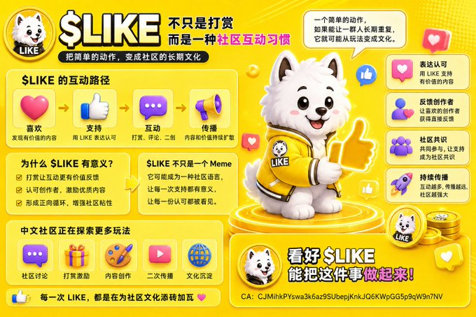 A yellow promotional graphic for the $LIKE token features a white husky mascot and outlines its community engagement model through stages like "喜欢" (Like), "支持" (Support), "互动" (Interact), and "传播" (Spread), while the contract address "CJMinKPyswak3k6azSUbeqjKnLJG6KWpGG5p9qW3n7NV" is displayed prominently at the bottom right.