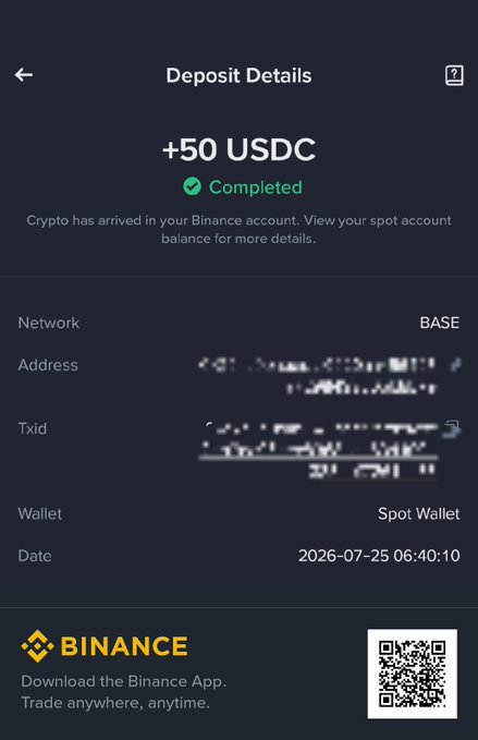 A Binance deposit confirmation screen showing '+50 USDC' as completed on the BASE network to a Spot Wallet on 2026-07-25, with the address and Txid partially blurred.