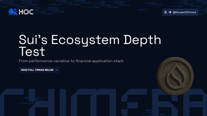 The image depicts a screenshot of an HOC website page for Sui's ecosystem depth test. The background features blue text with a white logo at the bottom right corner. Above the website, there is a title that reads "Sui's ecosystem depth test". Below this, another line of text explains that the test is in narrative form and focuses on the performance narrative to financial application stack. At the bottom, a screenshot shows what is written in the first line above it, which seems to be related to the image or the topic at hand.