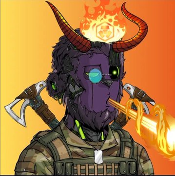 The image features a cartoon character with horns, dressed as a soldier or fighter, holding a gun that has flames coming out of it. The character appears to be wearing a camouflage uniform, which adds to its military-like appearance. There are two more NFTs in the image, one located on the left side and another on the right side, possibly representing additional characters from the same series or different characters altogether. The post also mentions that there is a "gotcha" in Wolfage, which could be an item or a part of the character's outfit.