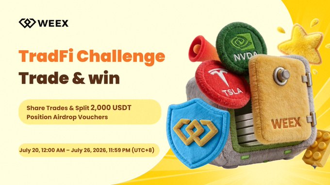 A promotional graphic for WEEX's TradFi Challenge Trade & Win event (July 20–26, 2026, UTC+8) features plush-style 3D icons of NVIDIA, TSLA, and WEEX safe alongside a megaphone and star, advertising a 2,000 USDT position airdrop voucher prize pool split among 20 winners for sharing TradFi trading screenshots.