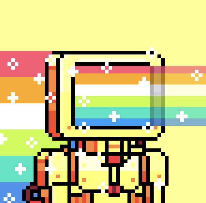 A pixel art illustration of a character with a large, rainbow-striped television for a head, set against a matching rainbow background with white sparkles.