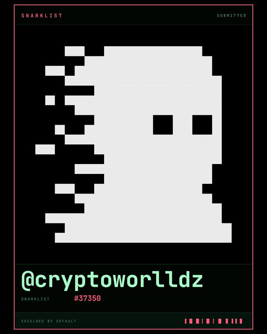 A digital artwork on a red-themed 'SNARKLIST' card featuring a pixelated black and white character, with the text '@cryptoworldz' and '#37350' displayed at the bottom.