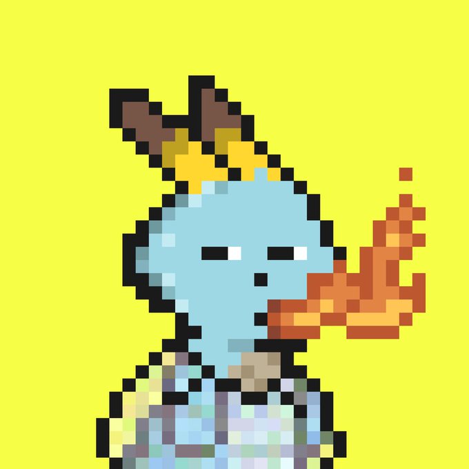 A pixel art illustration of a blue-skinned character with brown and yellow bunny ears exhaling a flame, set against a bright yellow background.