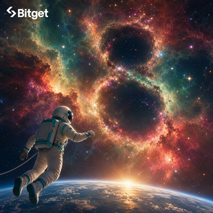 An astronaut floats in space above Earth, gazing up at a vibrant nebula shaped like the number "8"—the hidden "biggest clue" referenced in the post, with the "Bitget" logo visible in the top left corner.