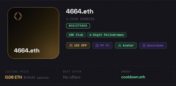 Dark marketplace listing for the ENS domain '4664.eth' (4-char numbers), registered, listed at 0.08 ETH with owner coold0wn.eth.