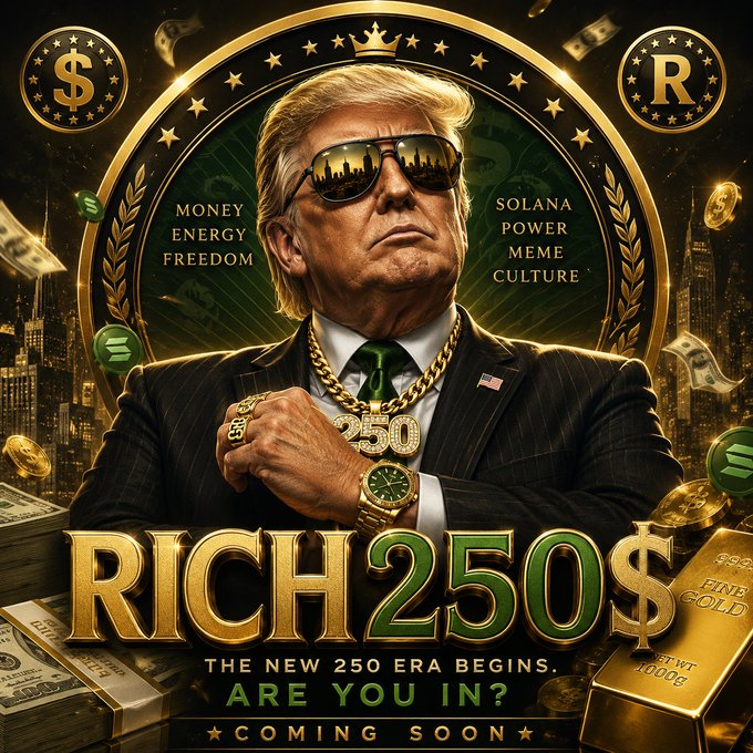 The image features a man wearing sunglasses, a suit, and a gold chain around his neck, standing next to stacks of money. The text above him reads "Rich250", which is related to the movie title "RICH250". Below this, there are descriptions of the movie's content, including its focus on money energy, gold vibes, and full meme power.