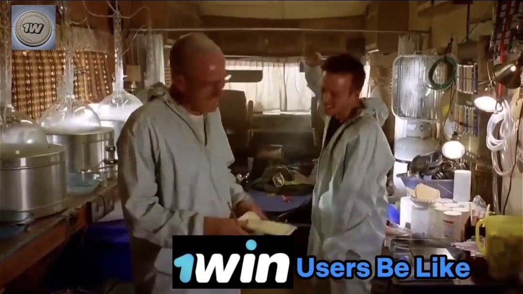 A scene from Breaking Bad featuring Walter White and Jesse Pinkman in a hazmat suit lab setting, overlaid with '1win' branding and text reading 'Users Be Like'.