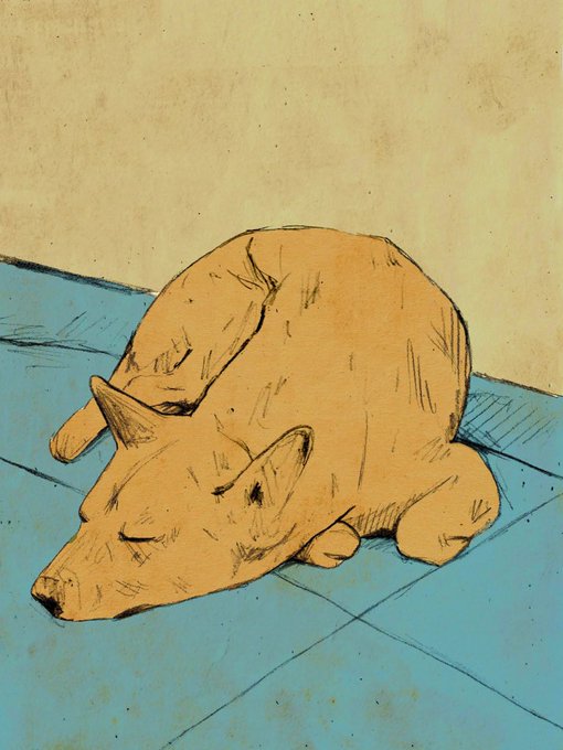 A hand-drawn illustration shows an orange dog curled up asleep on a blue tiled floor against a yellow wall. The serene, contemplative artwork complements the post's reflection on art that quietly resonates with the viewer, shared by the XRP community to highlight creative expression within the crypto space.
