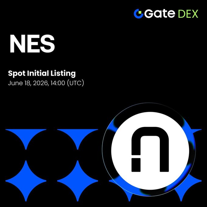A Gate DEX promotional graphic announces the Spot Initial Listing of token $NES, scheduled for June 18, 2026, at 14:00 (UTC), featuring the project's stylized "n" logo against a black background with blue star accents.