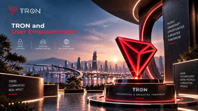 A promotional graphic for 'TRON' titled 'TRON and User Empowerment' features a futuristic city with the text 'MORE CONTROL', 'GREATER OPPORTUNITIES', 'A MORE INCLUSIVE WEB', 'USERS COMMUNITIES REAL IMPACT', 'PEOPLE OWNERSHIP OPPORTUNITIES A BRIGHTER TOMORROW', and 'SAME TECHNOLOGY MORE PEOPLE A BRIGHTER WORLD' around a glowing red TRON logo.