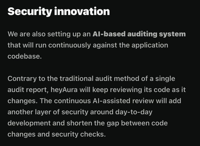 The image displays a slide titled "Security innovation" explaining heyAura's new AI-based auditing system that runs continuously against the codebase, rather than relying on traditional single audit reports. The slide emphasizes how this ongoing AI-assisted review adds an extra layer of security for daily development and reduces the time between code changes and security checks, directly addressing the wallet security concerns raised by users.