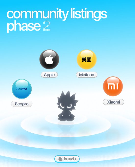 A promotional graphic titled 'community listings phase 2' featuring floating circular icons for Apple, Meituan (美团), Xiaomi, and Ecopro arranged around a small cartoon character on a light blue gradient background.