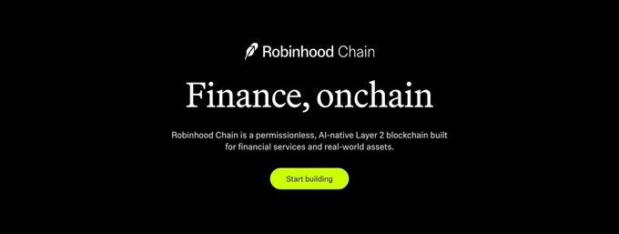 The image shows a Robinhood Chain promotional webpage with the headline "Finance, onchain," describing it as a permissionless, AI-native Layer 2 blockchain for financial services and real-world assets, with a "Start building" call-to-action button. This relates to the post by highlighting Robinhood's new Layer 2 chain as the infrastructure driving the meme coin frenzy, with tokens like $CASHCAT gaining traction on the platform.