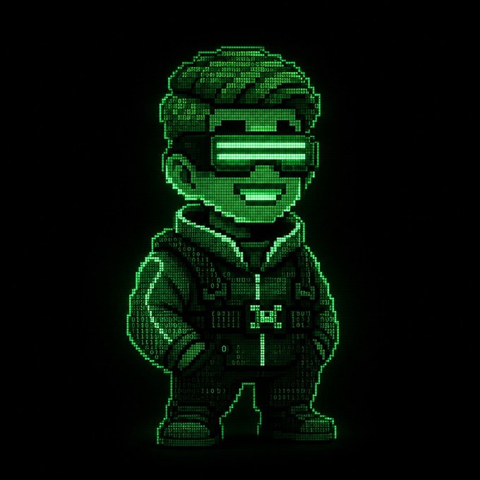 A pixel art illustration of a smiling character wearing VR goggles and a hoodie, rendered in green on a black background with binary code text forming the image.