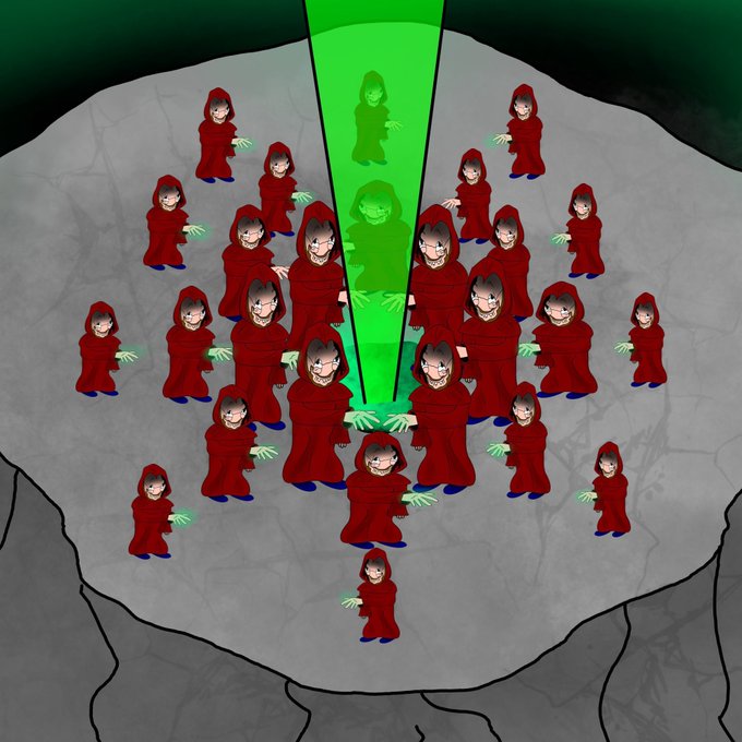 A digital illustration shows many identical figures in red hooded robes arranged on a cracked gray platform, with a bright green beam of light projecting from above containing faint ghost-like figures inside.