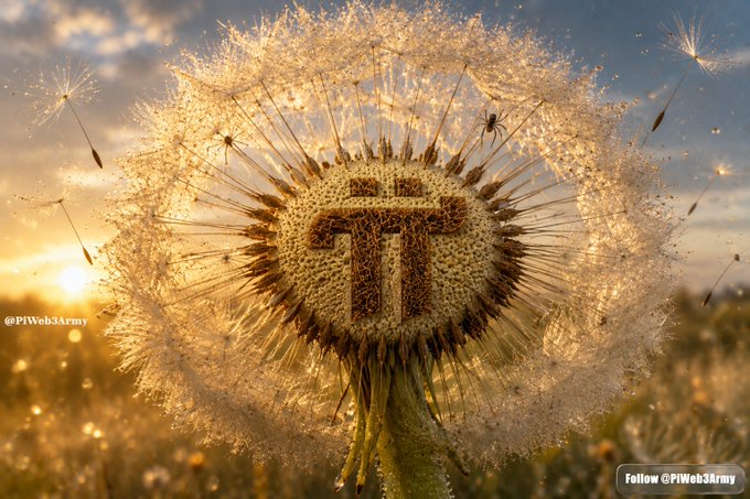 An artistic close-up of a dandelion seed head at sunset with a Bitcoin logo visible in the center, watermarked '@PiWeb3Army'.