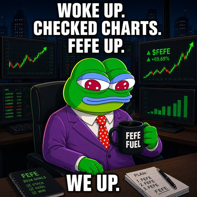 Meme image of a green Pepe the Frog character in a purple suit holding a 'FEFE FUEL' mug, with text reading 'WOKE UP. CHECKED CHARTS. FEFE UP.' and '$FEFE +69.69%'.