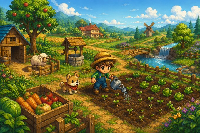 A cheerful young farmer waters tiny seedlings in his garden, accompanied by a corgi, with fresh vegetables and a sheep nearby, capturing the wholesome patience behind a budding farm. The pastoral scene reinforces the post's message that "$PIXELFARM celebrates slow and steady growth," mirroring the journey from small seed to flourishing harvest.