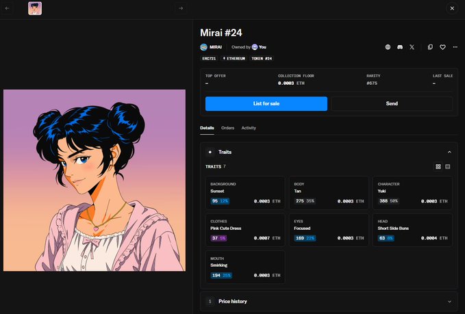 A screenshot of an NFT marketplace listing for "Mirai #24" (owned by You), showing the anime-style character Mirai with traits like Tan body, Yuki character, and Pink Cuts Dress, currently listed for 0.0003 ETH with no recent activity. The empty order history and lack of bids visually support the post's sentiment of fading hype around the Mirai collection.