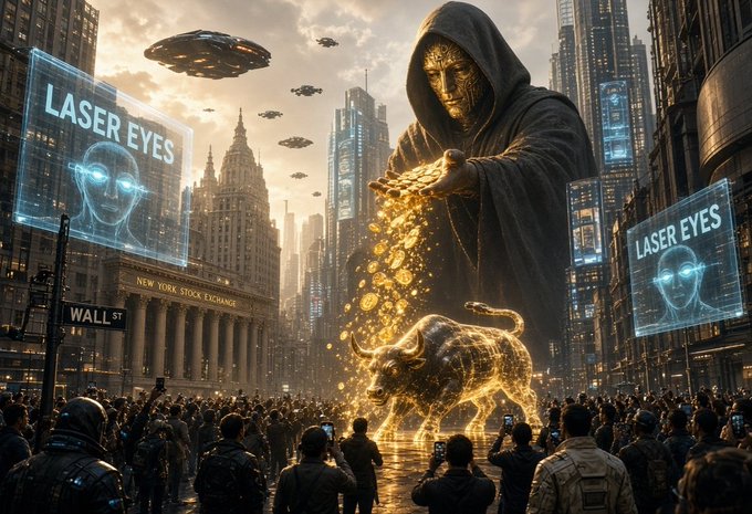 An AI-generated sci-fi scene featuring a hooded figure with a golden mask pouring glowing gold coins over a holographic bull statue, with 'LASER EYES' billboards and the New York Stock Exchange visible in the background.