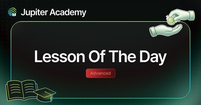 Jupiter Academy "Lesson Of The Day" labeled as Advanced, featuring an illustration of hands exchanging a coin and a graduation cap with a book. The image supports the post by promoting Jupiter Academy as an educational resource for learning how to set custom loan terms on Jupiter OfferBook.
