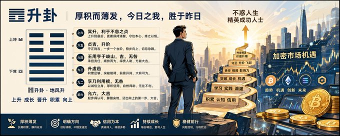 A Chinese-language promotional graphic titled '升卦' (Sheng Gua) featuring a businessman standing on a stepped path ascending toward a city skyline, with text about cryptocurrency market opportunities ('加密市场机遇') and growth principles like '厚积而薄发' (accumulate deeply, burst forth), alongside Bitcoin and Ethereum logos.