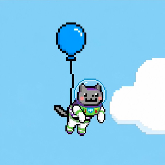 Pixel art of a gray cat character wearing a green and white spacesuit, floating while holding a blue balloon against a light blue sky with a white cloud.