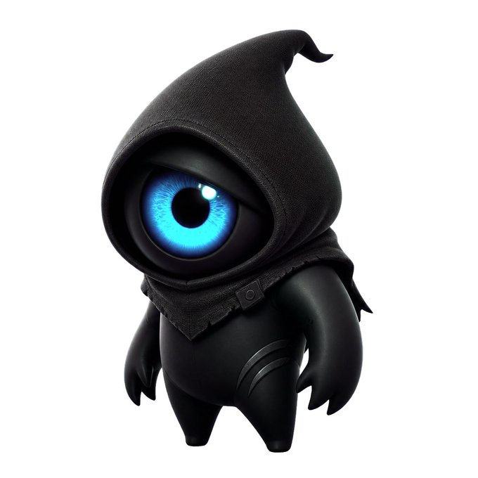 A small, hooded black creature with a single glowing blue eye stands against a white background, fitting the "$TICK - $dogue" post by resembling a meme-style cartoonish dog-like mascot with a mysterious, cloaked appearance.