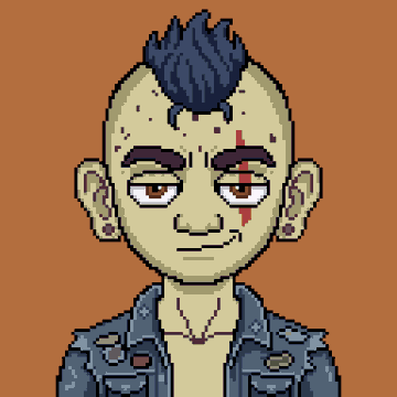 A pixel-art style character avatar of a man with a blue mohawk, facial piercings, a facial scar, and wearing a denim jacket against an orange background.